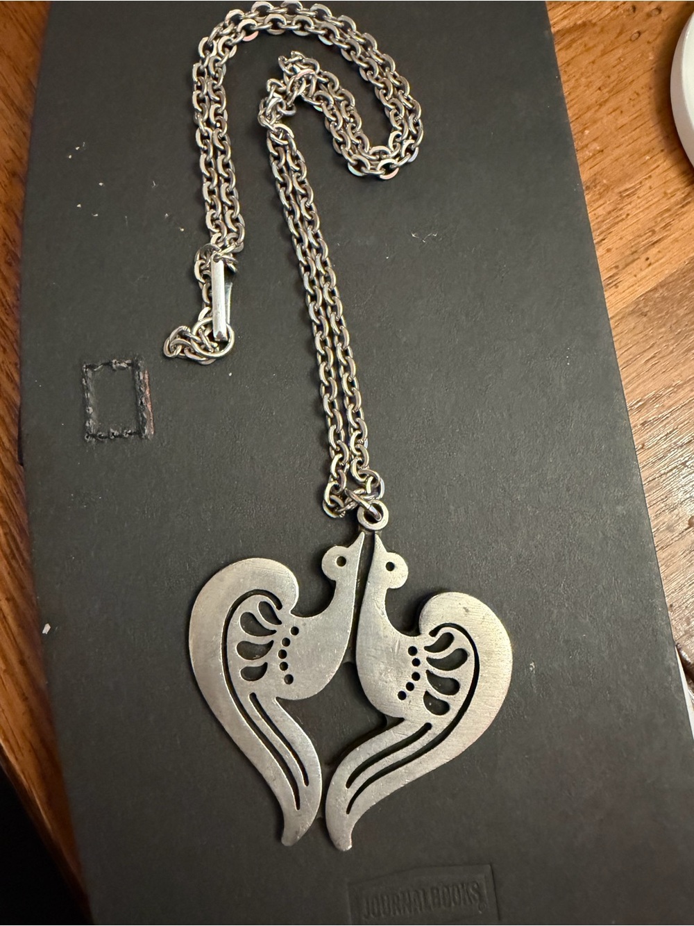 Vintage Sweden MCM Pewter Birds Heart Pendant Necklace Signed R. Tennesmed